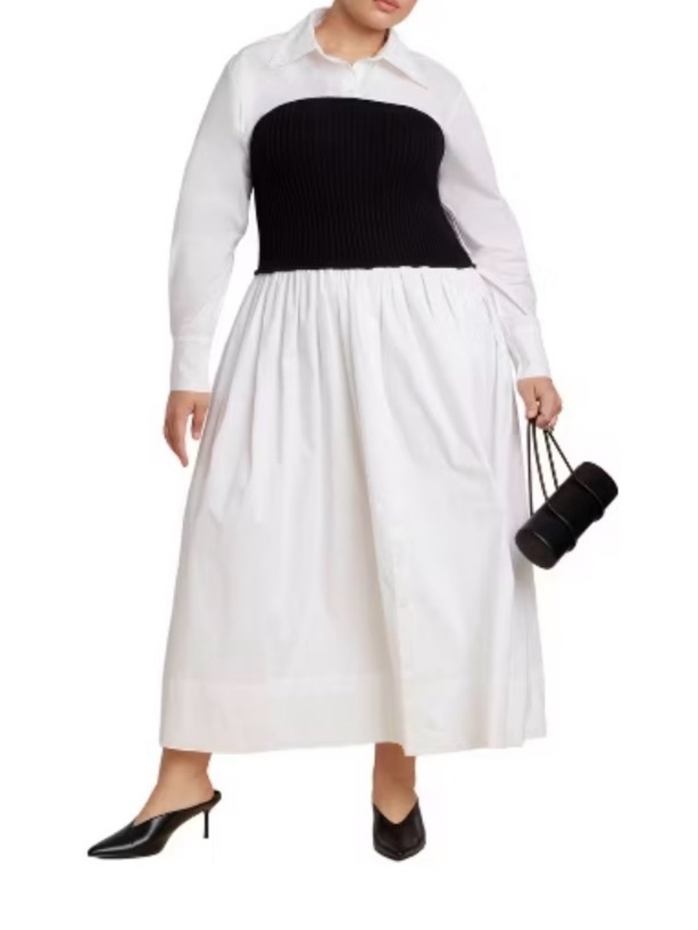 Eloquii Plus Size 26/28 Twofer Maxi Shirt Dress Black Sweater Knit Cotton Poplin